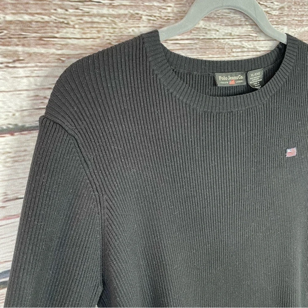 Vintage Polo Jeans Company Ralph Lauren Black Ribbed Sweater Flag Logo Womens XL